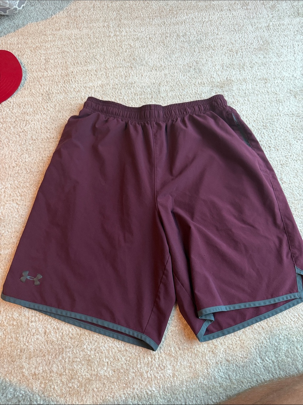 Under Armour Men's Burgundy Athletic Shorts with Gray Trim